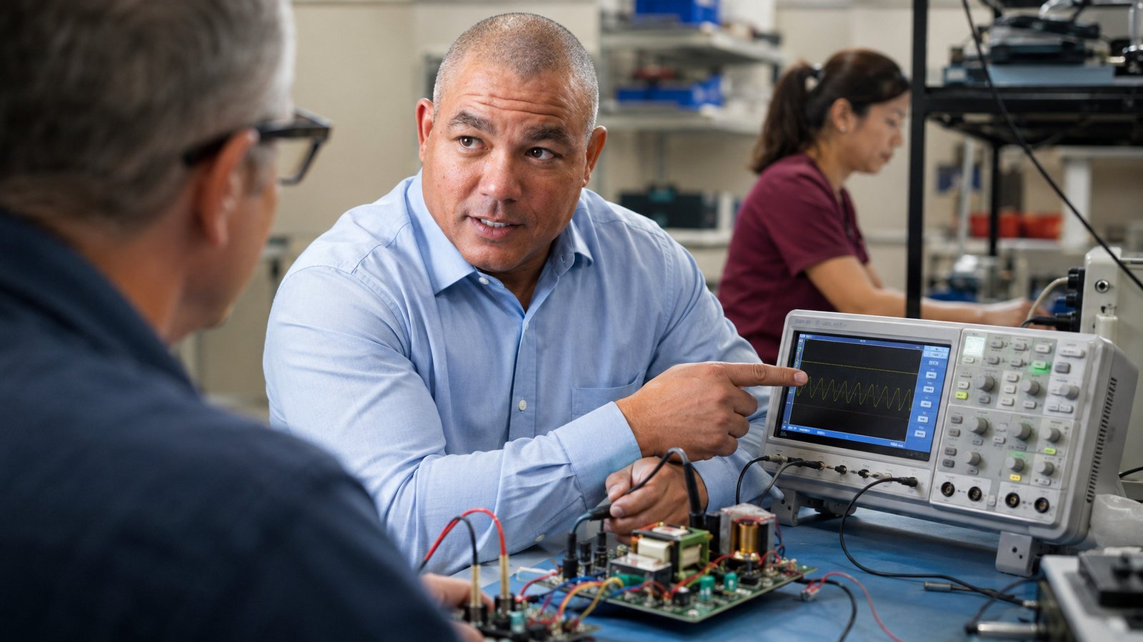 Biomedical instructor demonstrates oscilloscope on training circuit — BiomedRx Institute