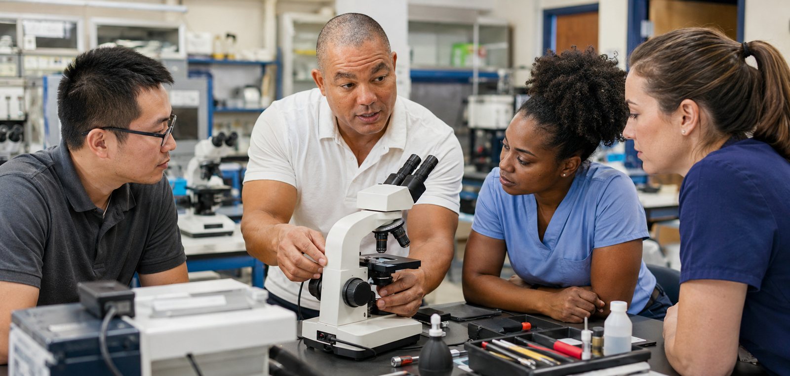 Devin demonstrates microscope preventive care 1 — BiomedRx Institute