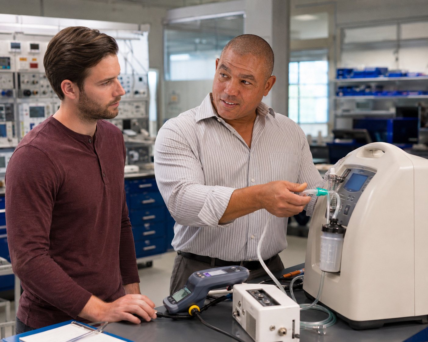 Devin demonstrates oxygen concentrator output testing — BiomedRx Institute