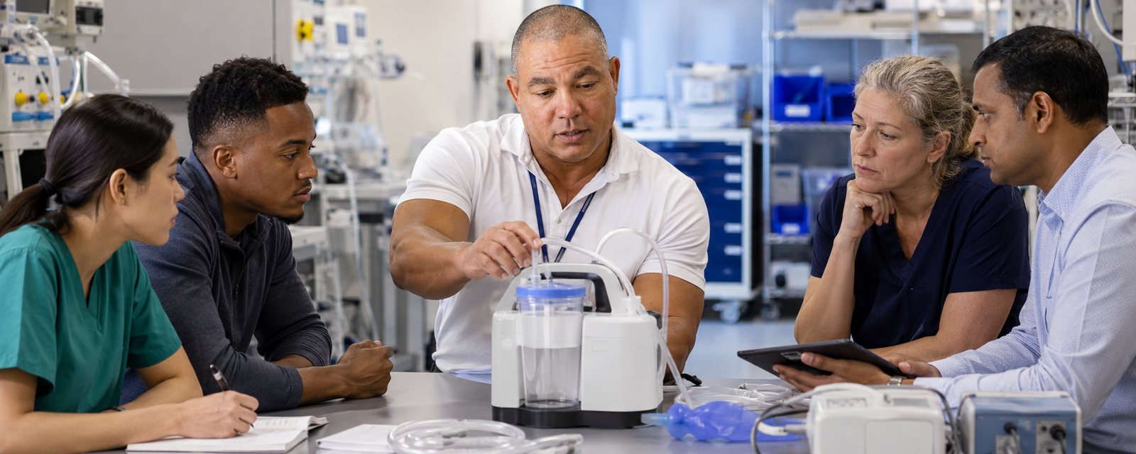 Devin demonstrates safe defibrillator inspections — BiomedRx Institute