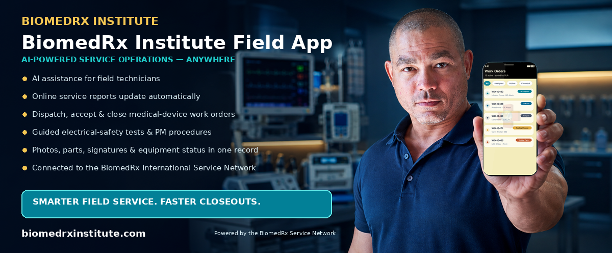 BiomedRx Field (Training Edition) — AI-powered field-service mobile app; automatic online service reports, work-order dispatch, and closeout