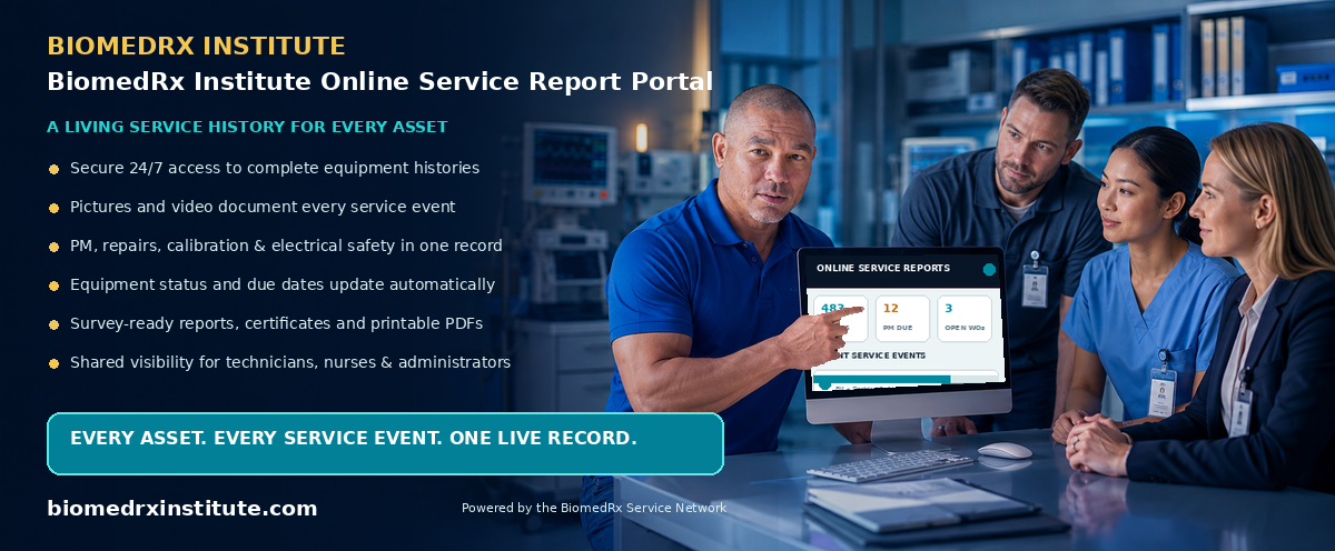 BiomedRx Institute Online Service Report Portal — every service event, live in your secure online report portal; view a sample report